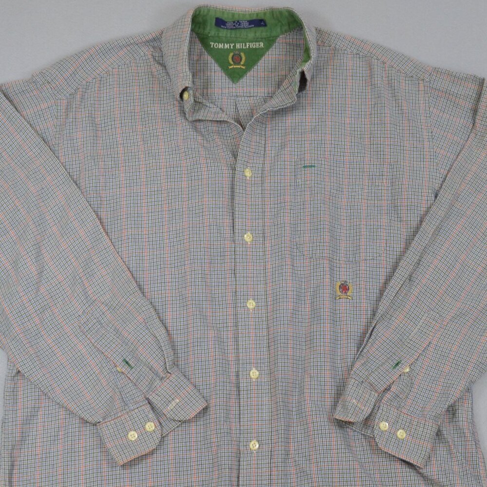 π§’ Tommy Hilfiger Crest Logo Plaid Button Down Shirt Menβs L Preppy - Picture 2 of 10